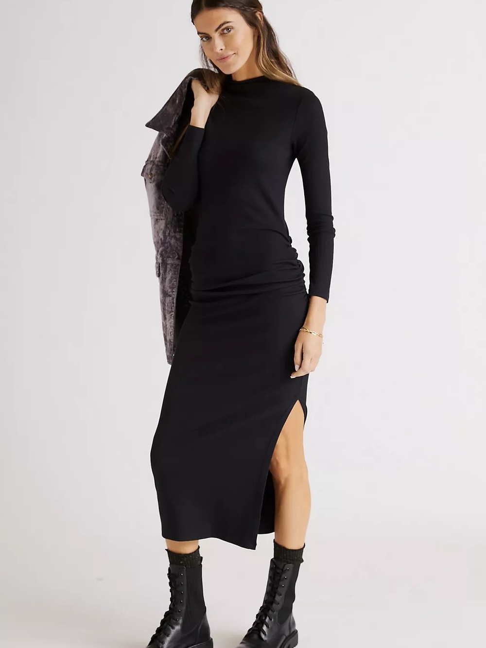 Stateside Black Long Sleeve Midi Dress with Side Slit Anthropologie M